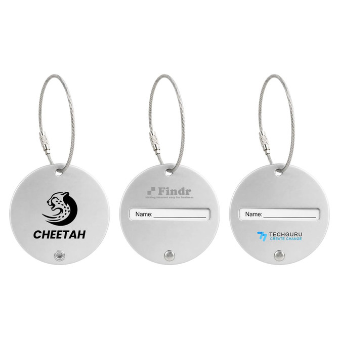 Three round wire cable luggage tags in silver, featuring different logos and a space for a name.