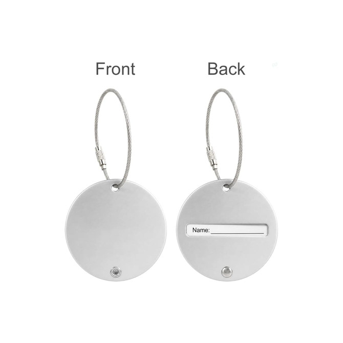 A round silver wire cable luggage tag with a smooth front and a back featuring a name slot.