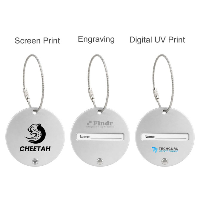 A set of three round wire cable luggage tags in silver, featuring different printing options and a space for names.