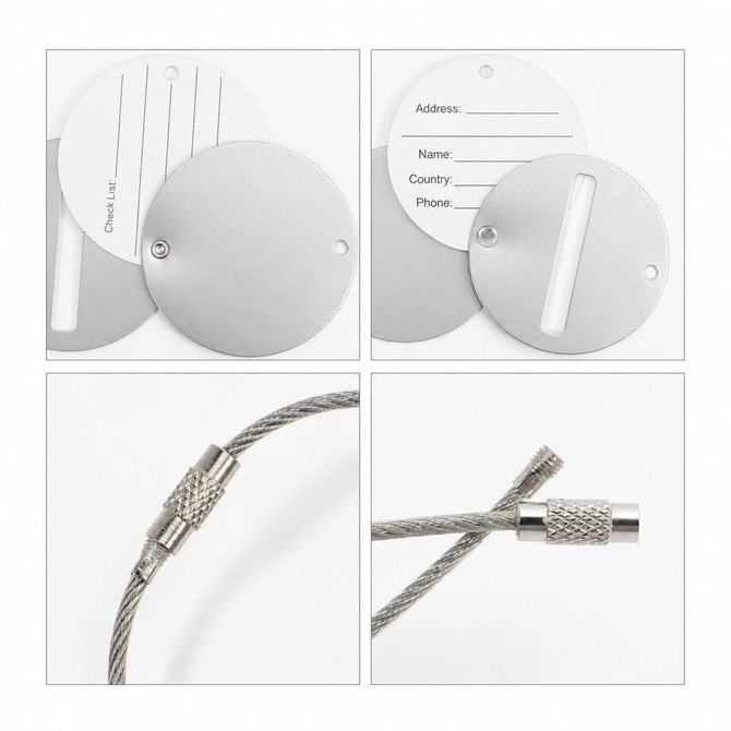 Round wire cable luggage tag in silver with a stainless steel finish, featuring a blank insert for personal details.