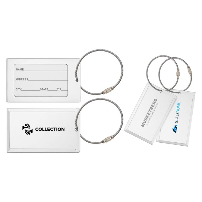 A square aluminium luggage tag in silver with a metal attachment, featuring space for personal details and a logo.
