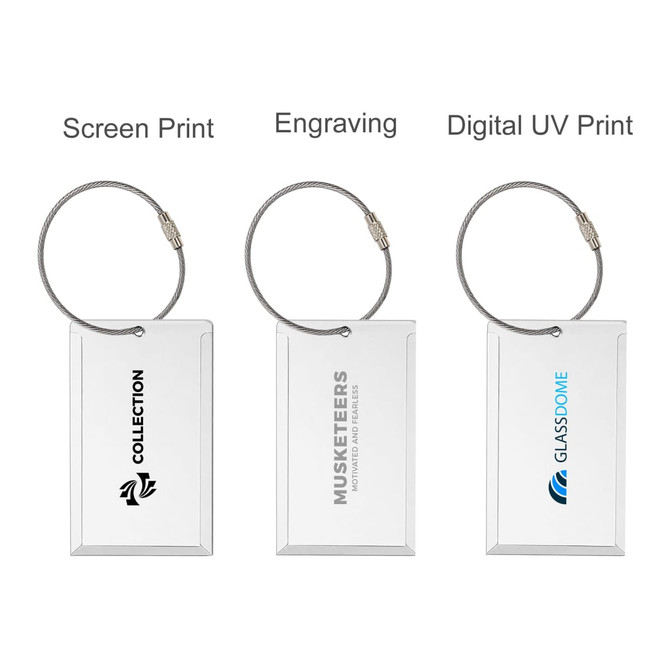 A square aluminium luggage tag in three styles: screen print, engraving, and digital UV print, featuring a silver ring.