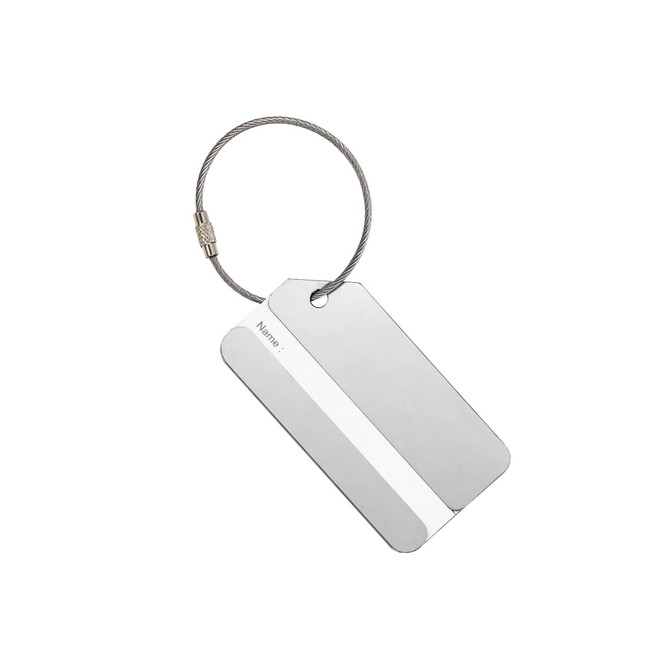 A square aluminium luggage tag in silver with a wire loop. The tag features a blank space for a name.