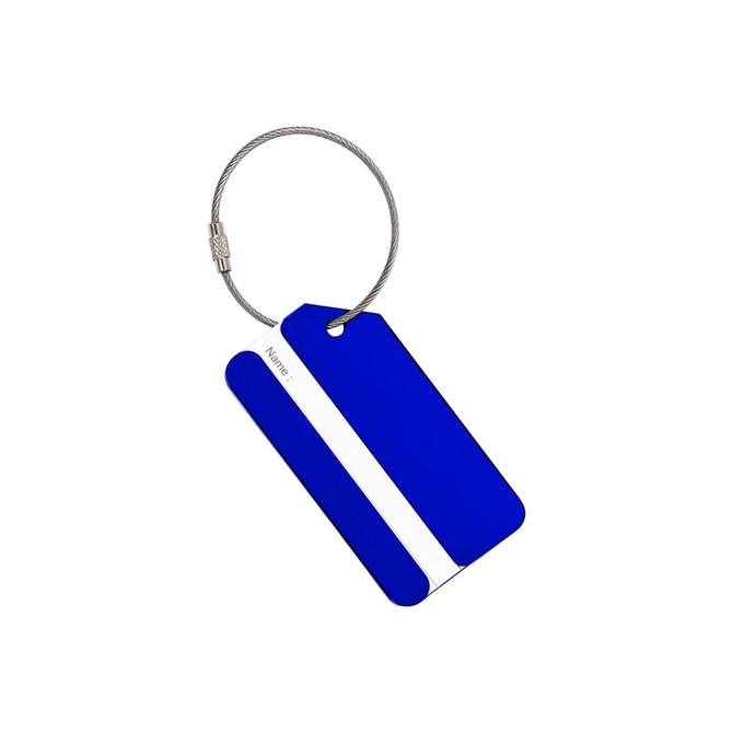 A blue square aluminium luggage tag with a wire attachment and a section for name details. It features a logo.
