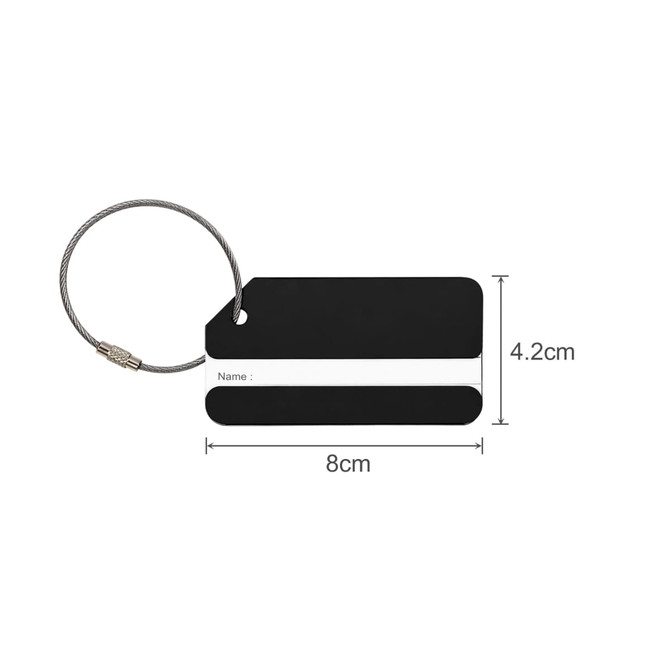 A square black aluminium luggage tag with a white stripe and a metal cable attachment. Dimensions included.