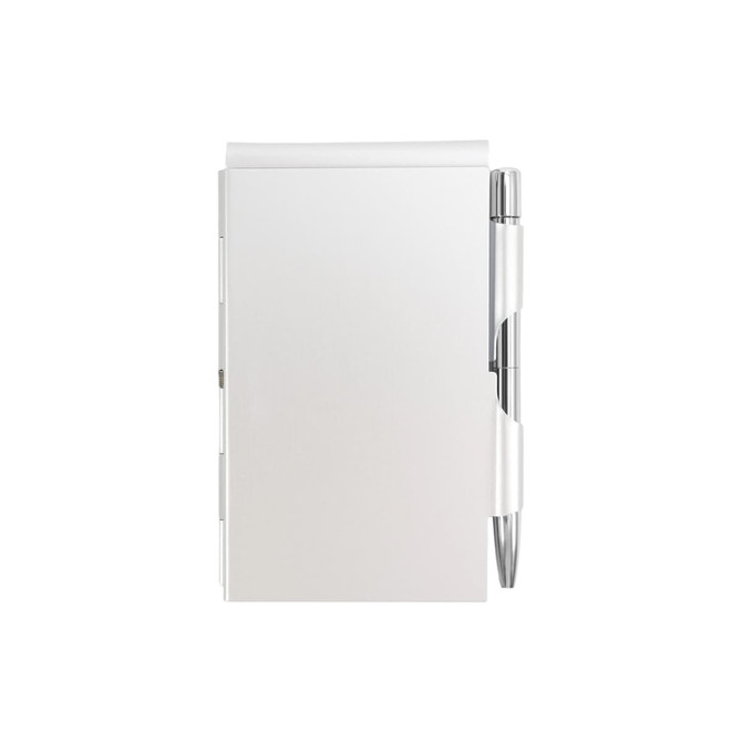 A white aluminium pocket notebook with a silver pen attached, featuring a simple design and a branding logo.