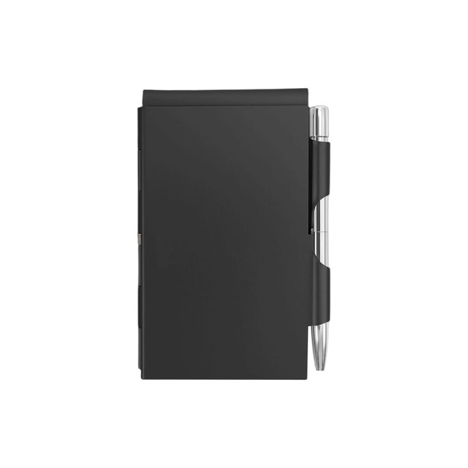 A black aluminium pocket notebook with a silver pen attached, featuring a sleek, minimalist design and a logo.