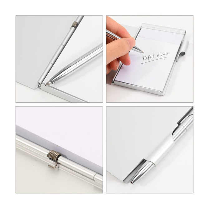 A silver aluminium pocket notebook with a pen, featuring a smooth cover and refillable notepad inside.