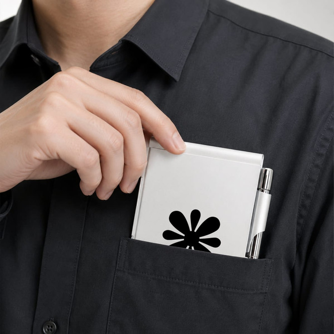 A white aluminium pocket notebook being placed into a shirt pocket, alongside a pen. The notebook features a logo design.