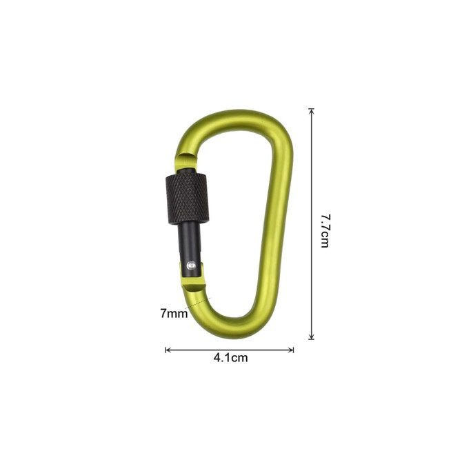 A D-shaped, green screw lock keychain with a black locking mechanism, measuring 7.7 cm by 4.1 cm.