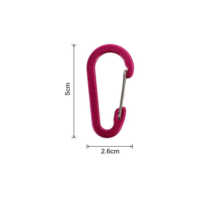A pink D Type aluminium alloy carabiner hook, measuring 5cm by 2.6cm, featuring a metal spring mechanism.