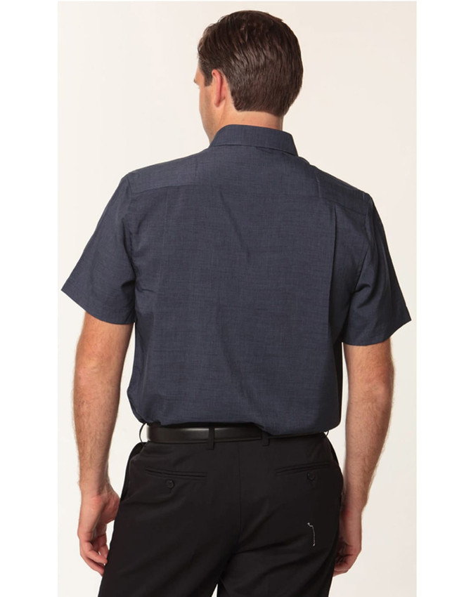 A navy short sleeve shirt for men featuring a collar and a logo on the back.
