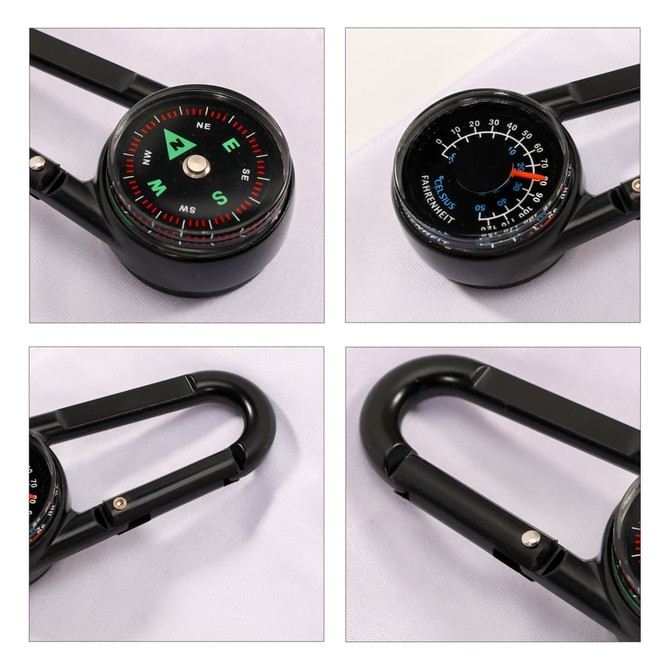 A black carabiner featuring a compass and thermometer, with bold red and blue indicators. The product has a metallic hook.