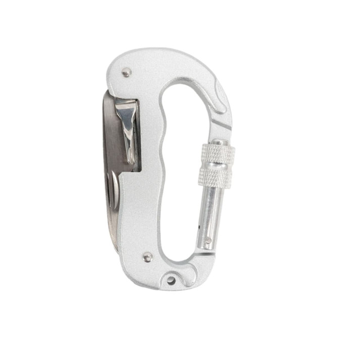 A silver multifunctional carabiner with a locking mechanism and a textured grip. It has a small logo on one side.