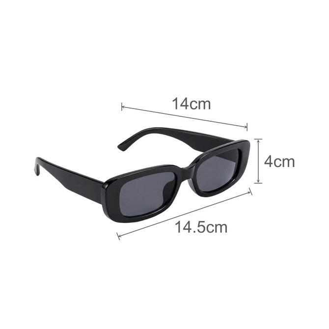 Vintage rectangle sunglasses in black, featuring a sleek design with grey lenses. Dimensions: 14cm x 4cm.