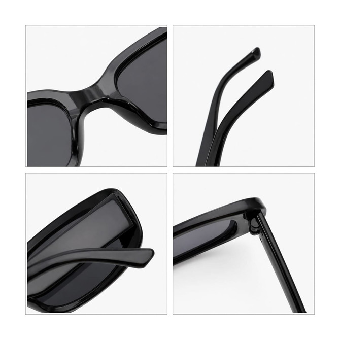 A pair of vintage rectangle sunglasses in glossy black, showcasing details of the frames and arms.