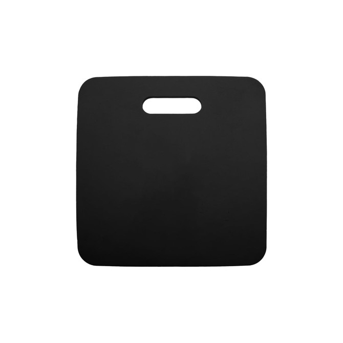 A black promotional stadium seat cushion with a handle for easy carrying. Features a smooth surface and simple design.