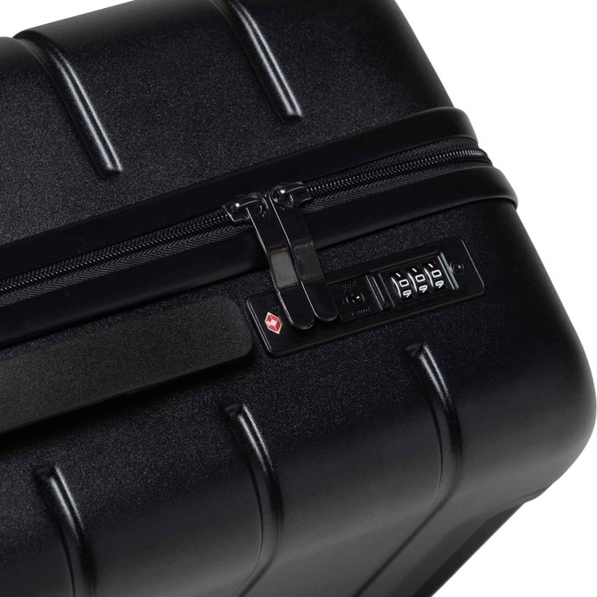A black hardcase trolley with a zip closure and a combination lock mechanism. It features a textured surface.