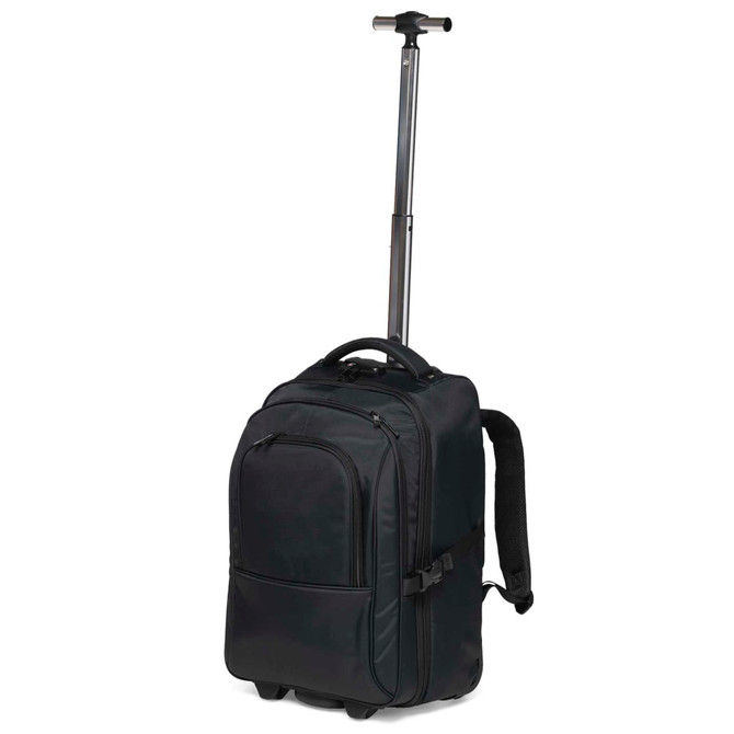A black trolley backpack with wheels and an extendable handle, featuring shoulder straps and organisational pockets.
