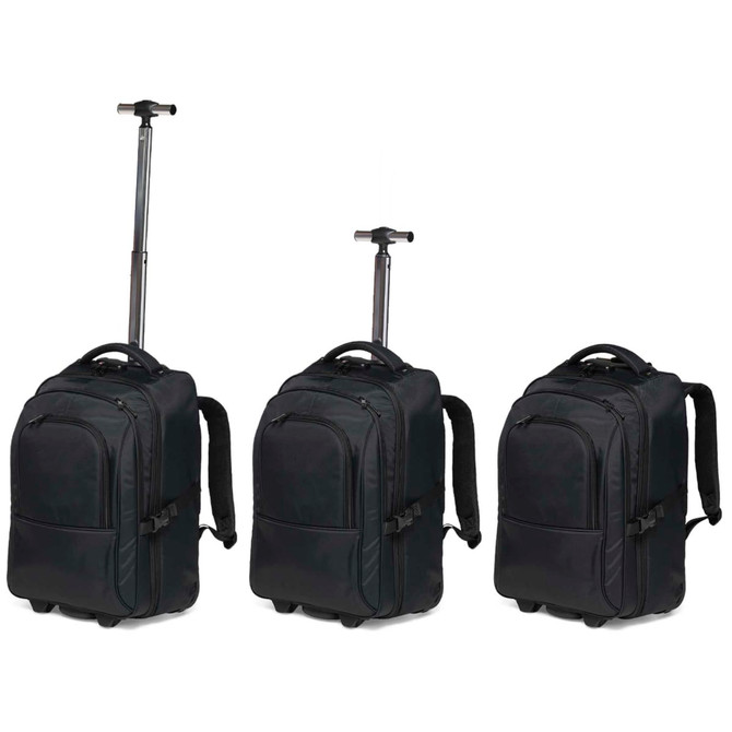 A black trolley backpack with adjustable straps and a retractable handle, displayed in three different positions.