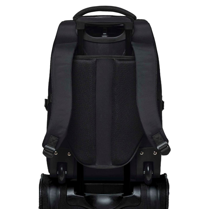 A black trolley backpack featuring padded shoulder straps and a wheeled base for easy transport.