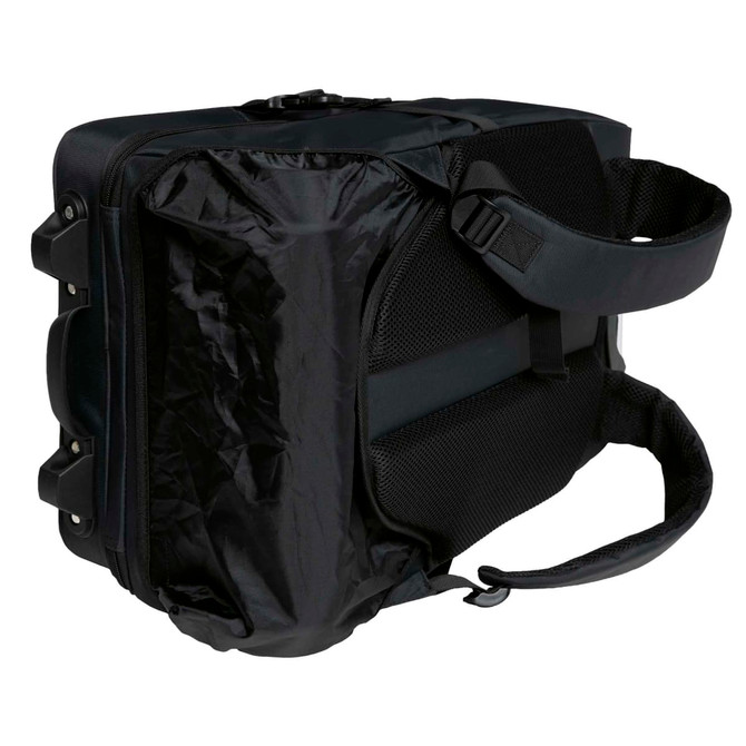 A black Voyager Trolley Backpack featuring a padded shoulder strap and multiple storage compartments.