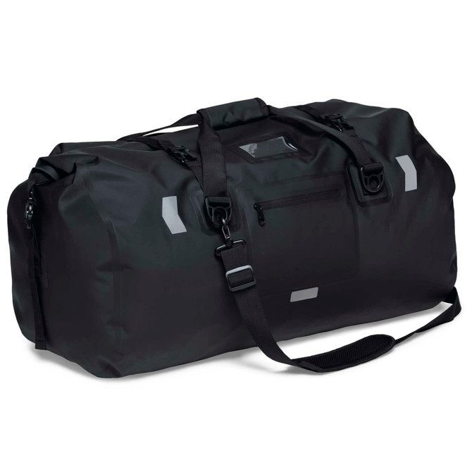 A black duffle bag with grey reflective accents and an adjustable shoulder strap. It features a zipped pocket on the side.