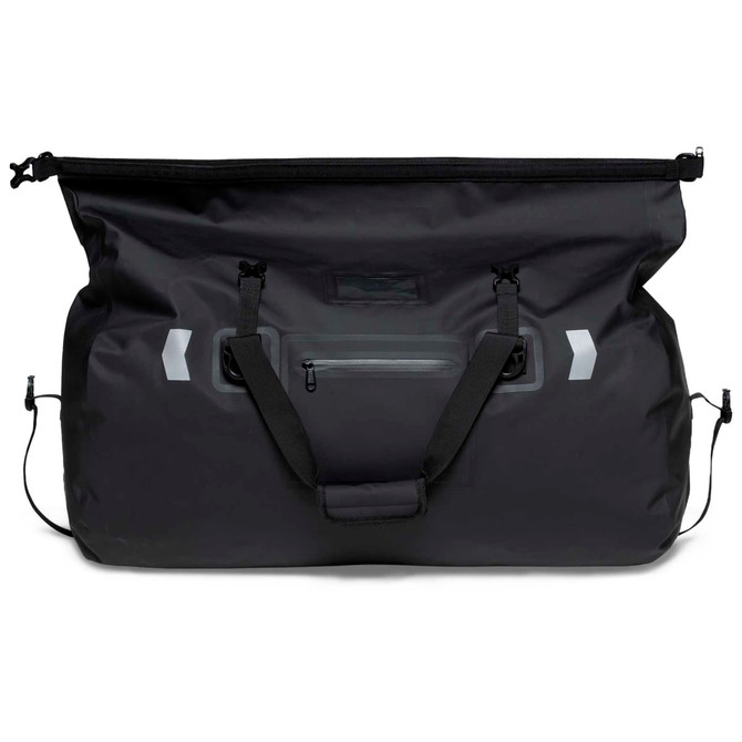 A large black duffle bag with a zippered compartment and carrying straps, featuring a branding logo.