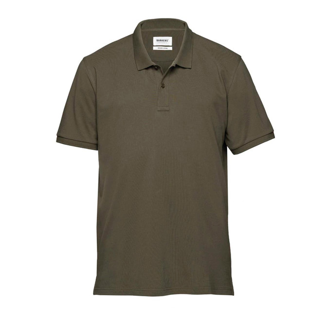A men's polo shirt in olive green with a collar and short sleeves. It has a logo on the chest.