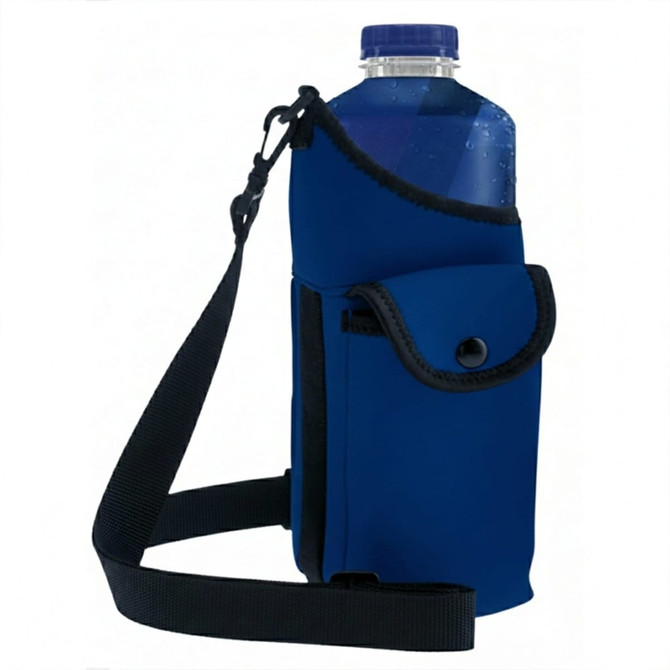 A drink bottle in a blue neoprene holder with a strap and a pocket. The holder features a logo.