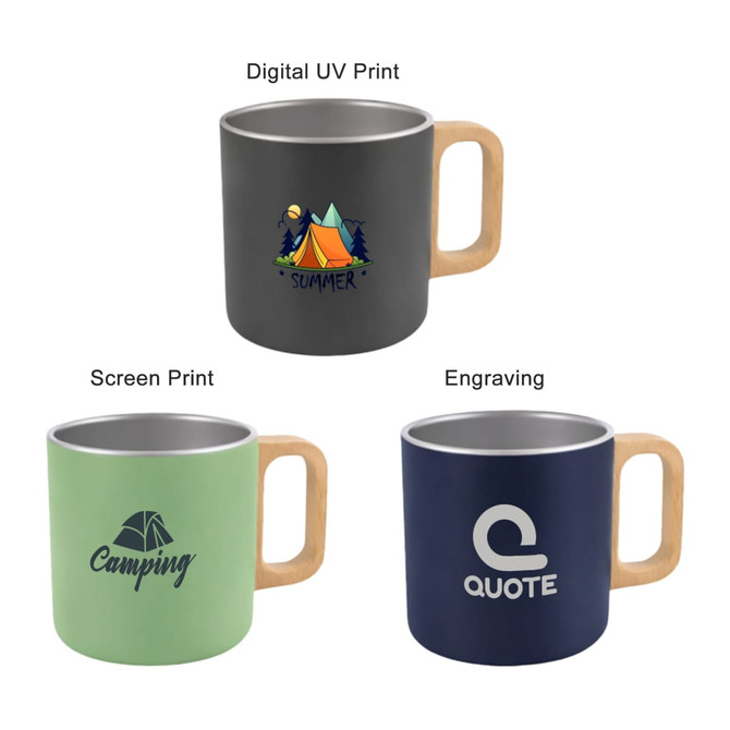 A stainless steel insulated mug with a wooden handle, available in grey, green, and navy colours, featuring various prints.