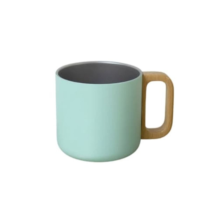 A drink bottle featuring a mint green exterior, stainless steel interior, and a wooden handle. It also has a logo.