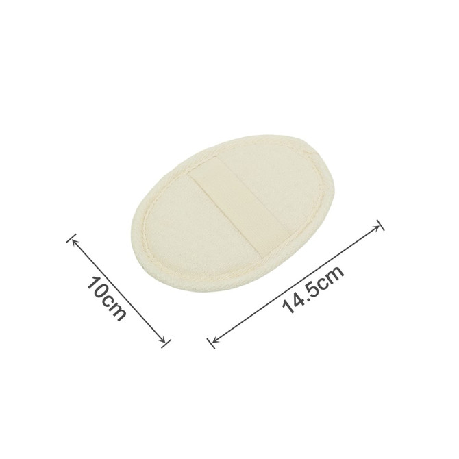 A natural cotton linen bath sponge pad in cream, oval-shaped, with a fabric back and measuring 14.5cm by 10cm.