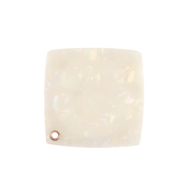 An acetate vanity mirror with a square shape in a pearlescent white finish, featuring a small circular hole and branding.