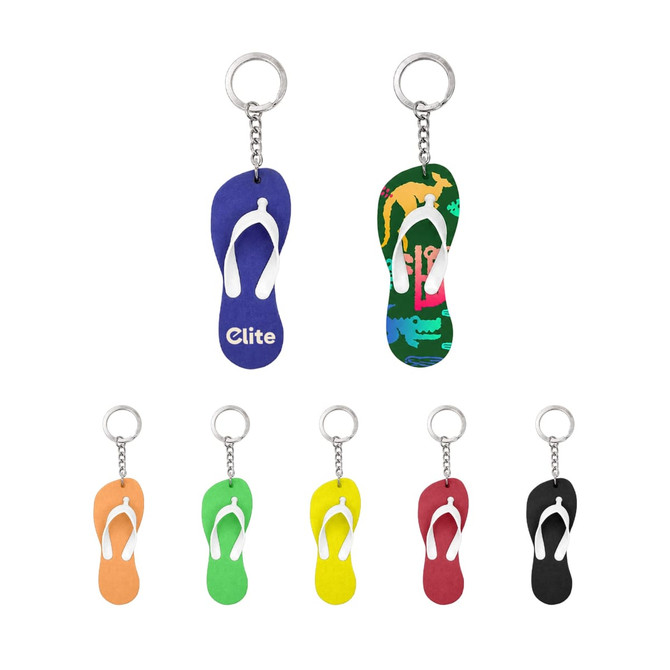 A collection of floating keychains shaped like thongs, available in multiple colours including orange, yellow, green, blue, black, and red.