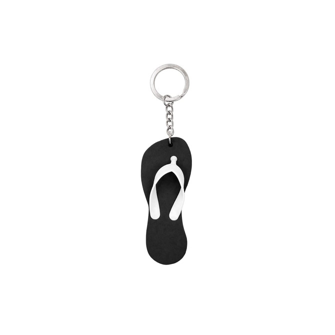 A black and white thongs-shaped EVA floating keychain with a metal keyring.