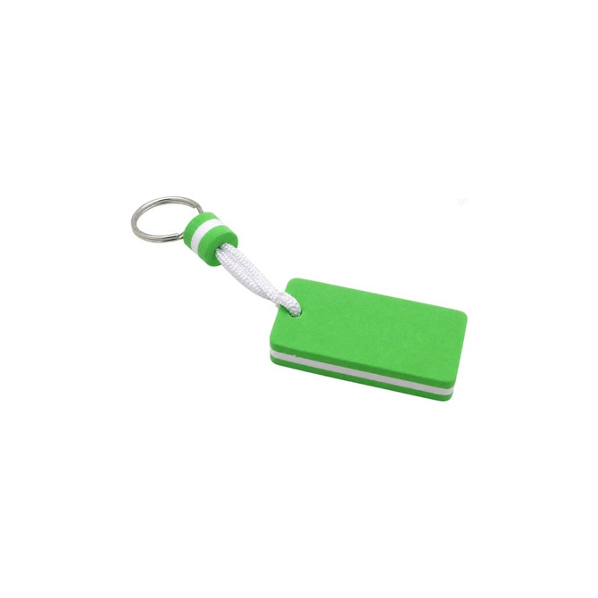 A green EVA floating keychain with white stripes and a looped attachment for securing keys.