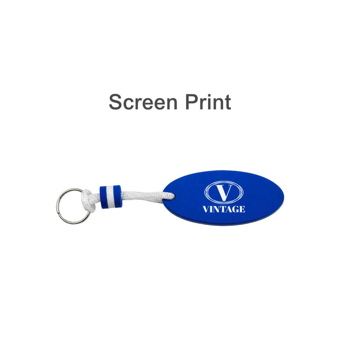 A blue EVA floating keychain with a white attachment and logo on the surface.