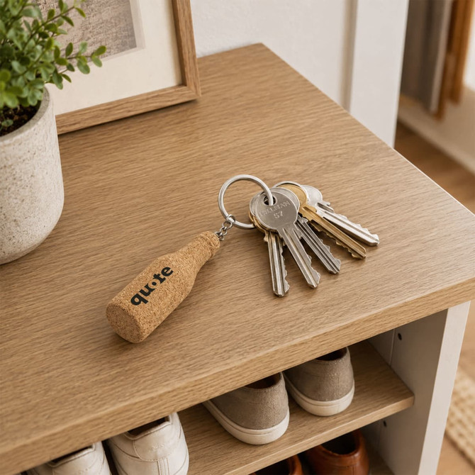 A drink bottle-shaped cork keyring in natural colour, attached to a set of keys, resting on a wooden table.