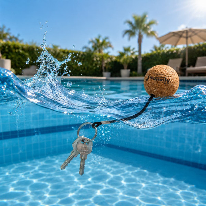 A cork ball keyring floats on water, attached to keys, with palm trees and poolside loungers in the background.