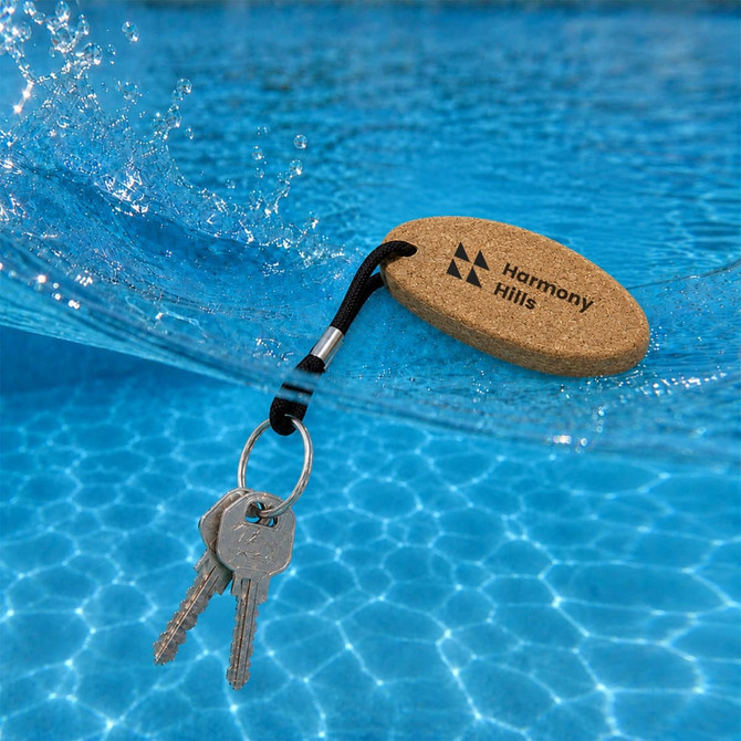 An oval cork keyring in natural colour with a black strap, holding two metallic keys, partially submerged in water.