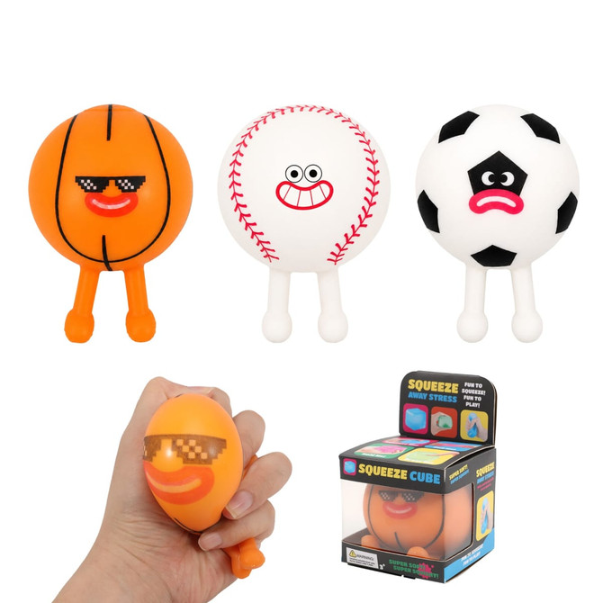 A collection of squishy stress relief sport balls in orange, white, and red, with cartoon faces and feet. Packaging included.