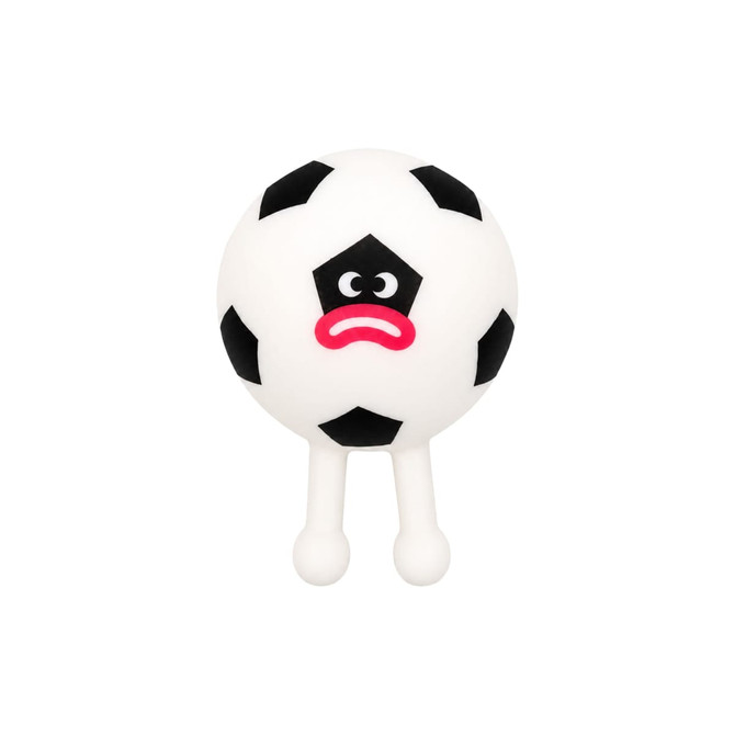 A squishy stress relief sport ball featuring a white soccer ball design with black patches and feet.
