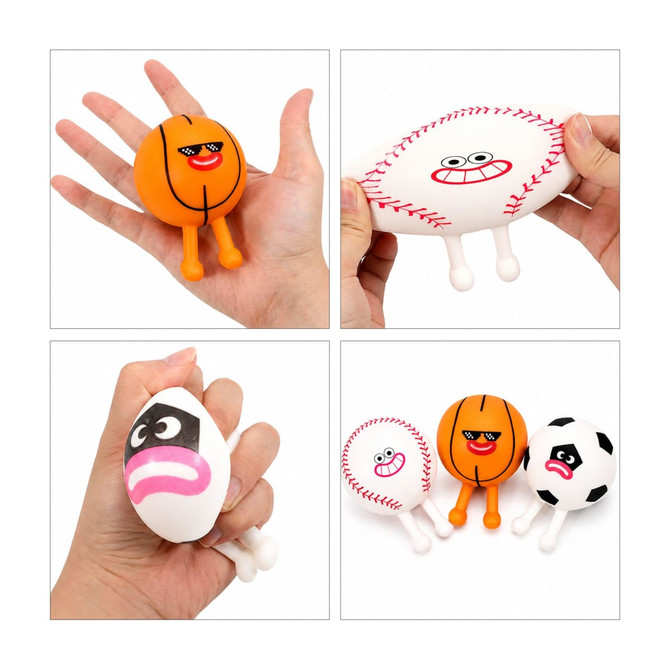 A set of squishy stress relief sport balls in orange, white, and black, featuring cartoon faces and small feet.