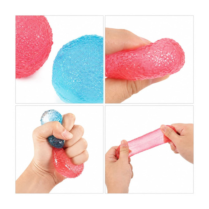 A collection of squishy stress relief mini balls in blue and pink, featuring a textured surface and flexible design.