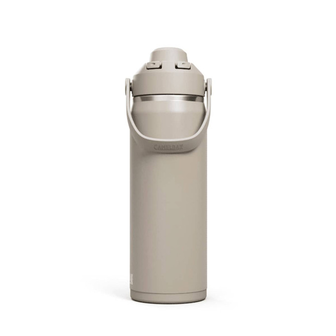 A drink bottle in a light beige colour with a handle and a screw-on lid, featuring a branding logo.