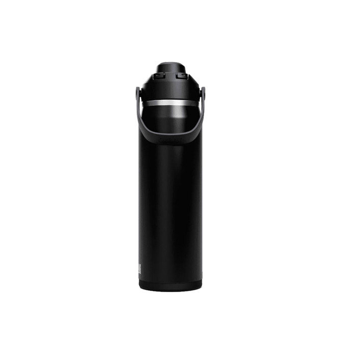 A drink bottle in matte black with a silver band, featuring a handle and a screw-top lid. It has a logo.