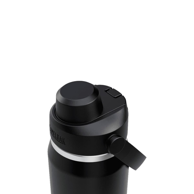 A drink bottle in black with a twist top and a spout, featuring a logo on the side.
