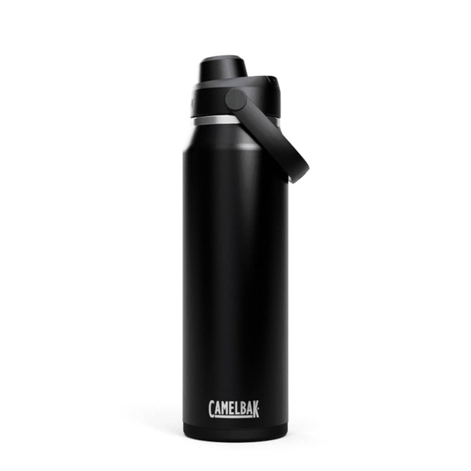 A drink bottle in matte black, featuring a screw-top lid and a carry handle, with a visible logo.