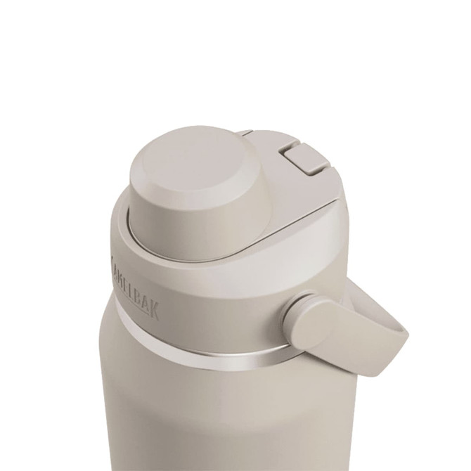 A drink bottle in a light grey colour with a twist cap and a handle for easy carrying. It features a logo.